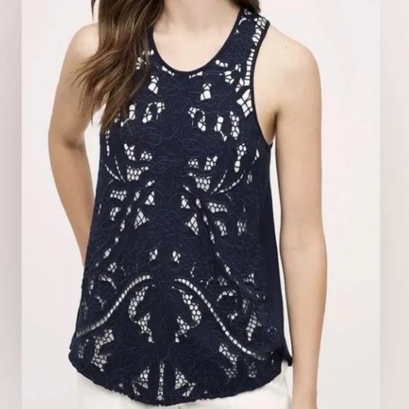 ANTHROPOLOGIE AKEMI + KIN NAVY LINED LACE TANK TOP, XS - Picture 4 of 10
